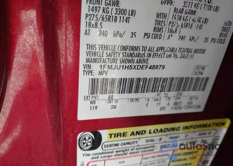 2013 Ford Expedition King Ranch/Xlt из США, поврежденный, VIN 1FMJU1H5XDEF48879